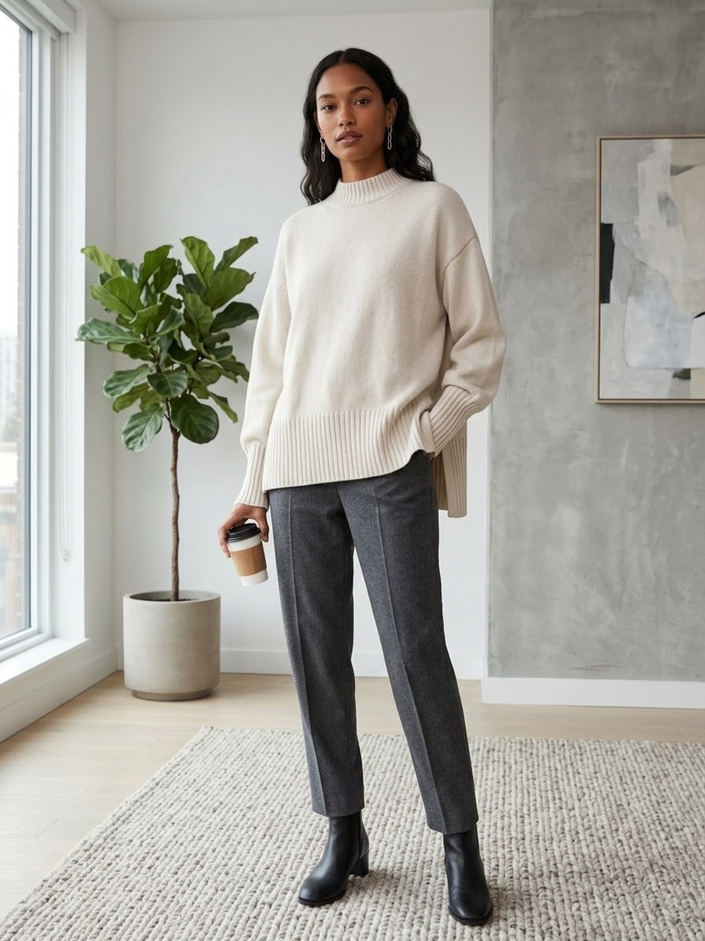 Relaxed Cream Mock-Neck Sweater - Women's Cozy Knit Pullover